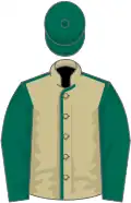 Beige, dark green seams, dark green sleeves, dark green cap