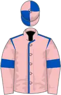 Pink, royal blue seams and armlets, quartered cap