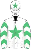 White, emerald green star, chevrons on sleeves, white cap, emerald green star