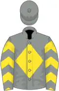 Grey, yellow diamond, yellow and grey chevrons on sleeves