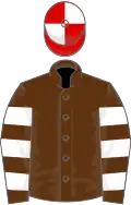 Brown, White hooped sleeves, Red and White quartered cap