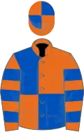 Orange and royal blue (quartered), hooped sleeves