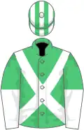 Emerald green, white cross belts, halved sleeves, emerald green and white striped cap