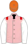 Pink, red epaulets, white sleeves, orange cap