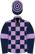 Mauve and dark blue check, dark blue sleeves, mauve armlets, hooped cap