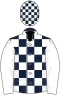 Dark blue and white check, white sleeves