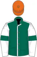 Dark green, white seams, white sleeves, dark green armlets, orange cap