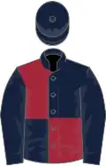 Dark blue and maroon (quartered), dark blue sleeves and cap