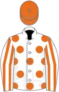 White, Orange spots, striped sleeves, Orange cap
