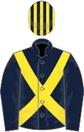 Dark blue, yellow cross belts, striped cap