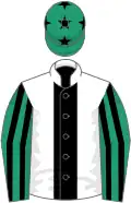 White, black panel, emerald green and black striped sleeves, emerald green cap, black stars