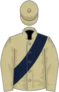 Beige, dark blue sash