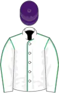 White, emerald green seams, purple cap