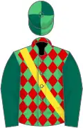 Emerald green and red diamonds, yellow sash, dark green sleeves, emerald green and dark green quartered cap