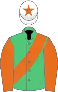 Emerald green, orange sash and sleeves, white cap, orange star