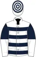 White, dark blue hoops, dark blue and white halved sleeves