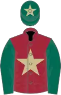 Maroon, beige star, dark green sleeves, dark green cap, beige star