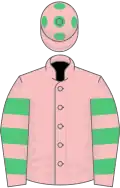 PINK, emerald green hooped sleeves, pink cap, emerald green spots