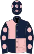 Dark blue and pink (quartered), dark blue sleeves, pink spots and cap