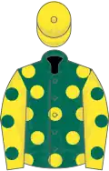 Dark green, yellow spots, yellow sleeves, dark green spots, yellow cap