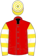 Red, yellow and white hooped sleeves and cap