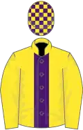 Yellow, purple stripe, check cap