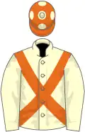 Cream, orange cross-belts, orange cap, cream spots