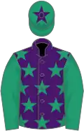 Purple, emerald green stars and sleeves, emerald green cap, purple star