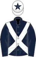 Dark blue, white cross belts, white cap, dark blue star