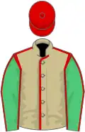 Beige, red seams, emerald green sleeves, red seams, red cap