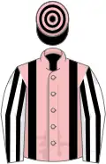 Pink, black braces, white and black striped sleeves, black and pink hooped cap