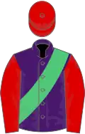 Purple, emerald green sash, red sleeves and cap