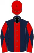 Dark blue, red stripe, red and dark blue diabolo on sleeves, red cap