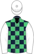 Dark blue and emerald green check, white sleeves and cap