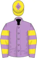 Mauve, yellow hooped sleeves, yellow cap, mauve diamond