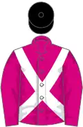Cerise, white cross-belts, black cap