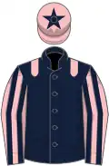 Dark blue, pink epaulettes, striped sleeves, pink cap, dark blue star