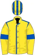 Yellow, royal blue seams and armlets, striped cap