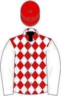Red and white diamonds, white sleeves, red cap