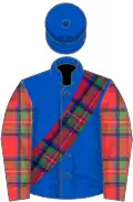 Royal blue, tartan sash and sleeves, royal blue cap
