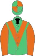 Emerald green, orange chevron and sleeves, quartered cap