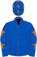 Royal blue, orange stars on sleeves, orange stars on cap