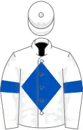 Royal blue, white epaulets, hooped sleeves and quartered cap