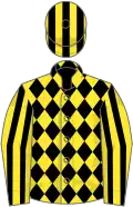 Yellow, black diamonds, striped sleeves and cap