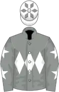 Grey, white triple diamond, grey sleeves, white stars, white cap, grey diamonds