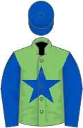 Light green, royal blue star, sleeves and cap