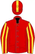 Red, yellow stripes on sleeves, stripe on cap