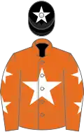 Orange, white star, orange sleeves, white stars, black cap, white star