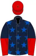 Dark blue, royal blue stars, dark blue and red halved sleeves, red cap
