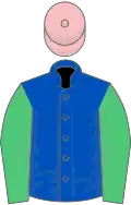 Royal blue, emerald green sleeves, pink cap
